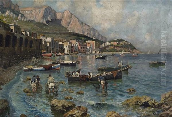 Fischer Beim Einholen Des Fanges Vor Der Marina Grande Von Capri Oil Painting by Attilio Pratella