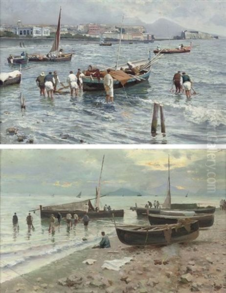 Pescatori Presso La Baia Di Napoli (+ Ritorno Dei Pescatori Al Tramonto Con La Pesca; Pair) Oil Painting by Attilio Pratella