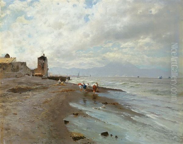 Junge Fischer Am Strand Bei Portici In Der Bucht Von Neapel Oil Painting by Attilio Pratella