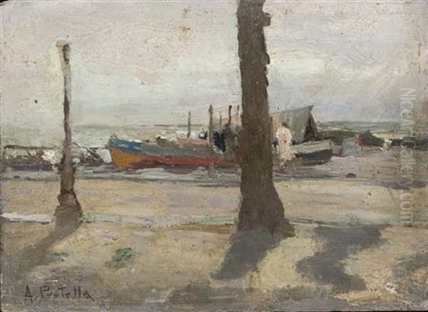 Barche A Riva Oil Painting by Attilio Pratella