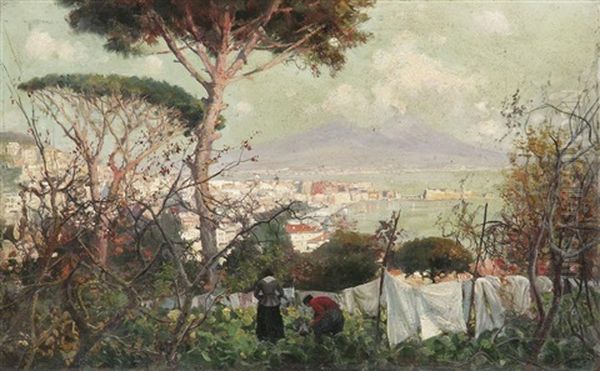 In Der Bucht Von Neapel: Blick Von Einer Anhohe Auf Die Stadt Und Den Vesuv Oil Painting by Attilio Pratella