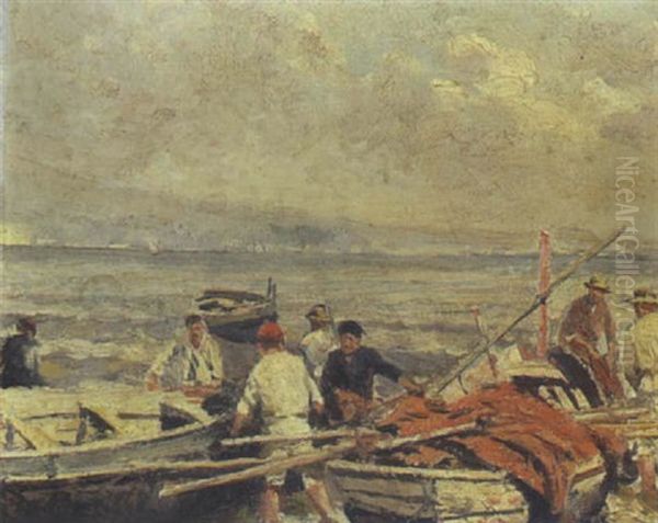 Napoli, Barche E Pescatori A Riva Oil Painting by Attilio Pratella