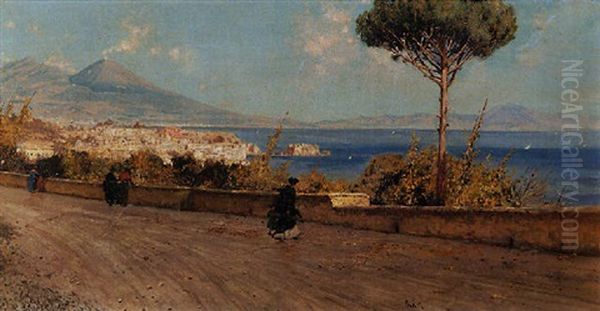 The Bay Of Naples With A View Of Vesuvius In The Distance Oil Painting by Attilio Pratella