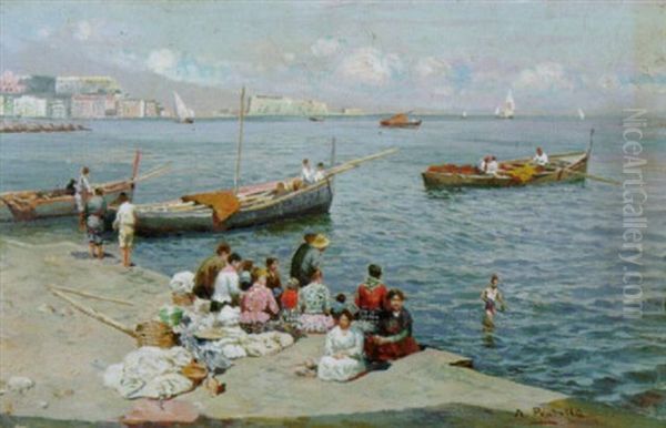 Napoli, Donne E Pescatori A Mergellina Oil Painting by Attilio Pratella