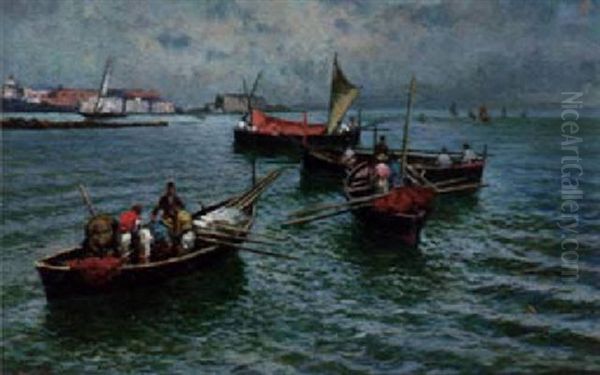 Fishing Boats In A Harbour Oil Painting by Attilio Pratella