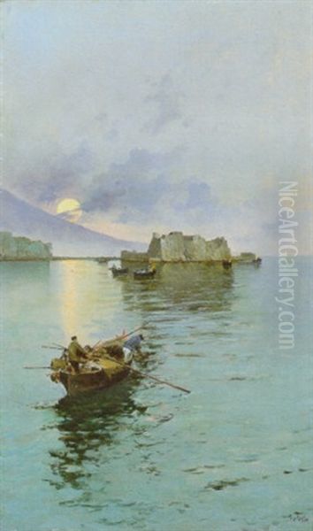 Barche Con Pescatori A Castel Dell'ovo Oil Painting by Attilio Pratella