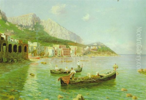 Fischer In Ihren Booten Am Strande Von Capri Oil Painting by Attilio Pratella