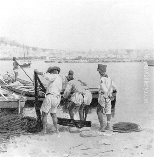 Hauling In The Nets Oil Painting by Attilio Pratella