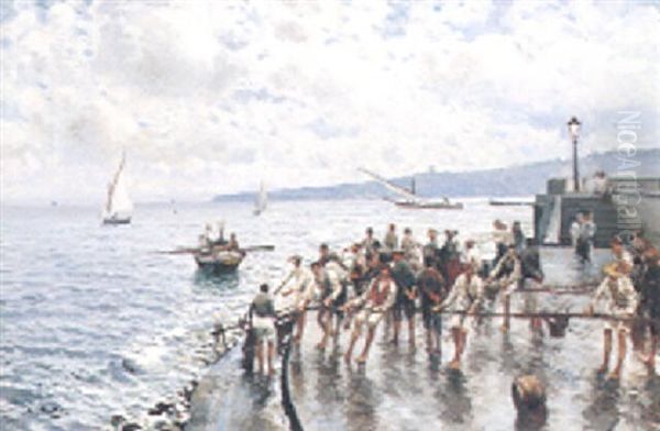 Unloading The Catch, Naples Oil Painting by Attilio Pratella