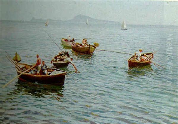 Fishing Off The Coast Oil Painting by Attilio Pratella