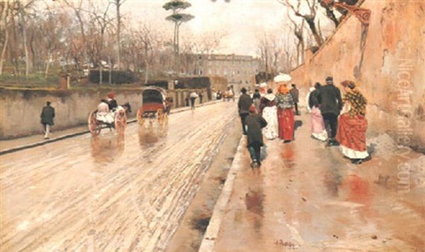 Figures With Horses And Carriages In A Street In Vomero Oil Painting by Attilio Pratella