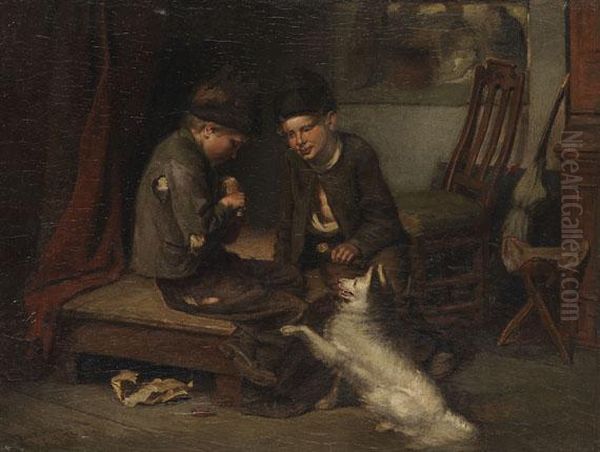 Zwei Jungen Mit Spitz Oil Painting by Christian Ludwig Bokelmann