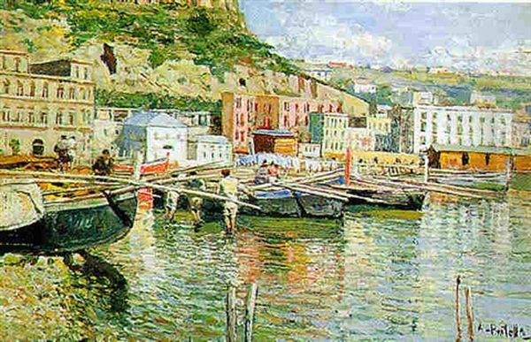 Barche E Pescatori A Riva Oil Painting by Attilio Pratella