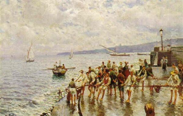 Pulling In The Nets Oil Painting by Attilio Pratella