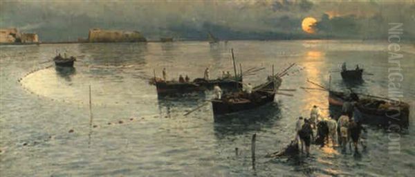 Neapolitan Fishermen At Dawn Oil Painting by Attilio Pratella