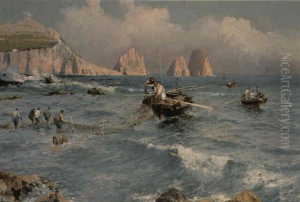 Bringing In The Nets Oil Painting by Attilio Pratella