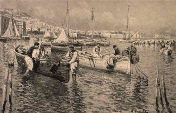 Marina Napoletana Con Barche E Pescatori by Attilio Pratella