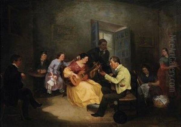 A Musical Round. Indoor Scenery With Guitar Players And Childern Listening. Signed And Dated Bottom Right: C.l. Bokelmann Ddf. 1878 Oil Painting by Christian Ludwig Bokelmann