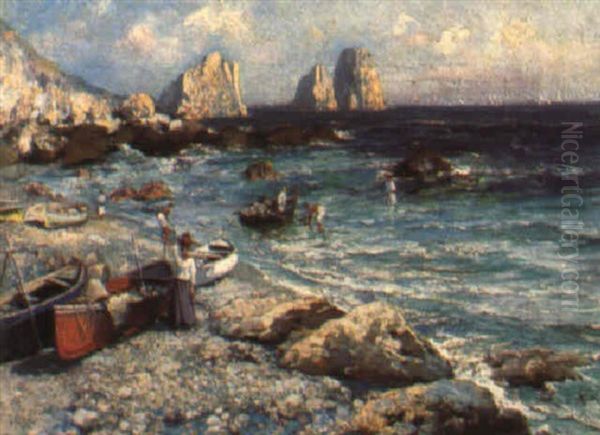 Pescatori A Capri Oil Painting by Attilio Pratella