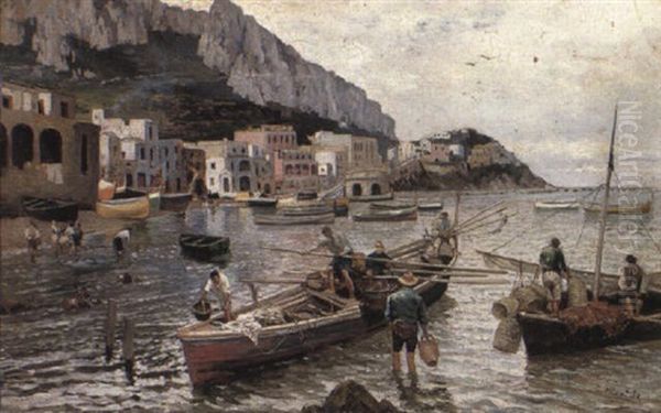 Pescatori A Capri Oil Painting by Attilio Pratella