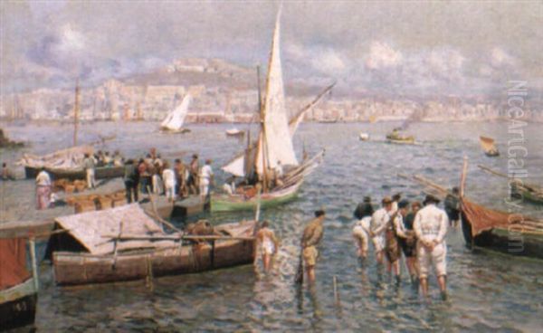 A View Of Naples From The Sea Oil Painting by Attilio Pratella