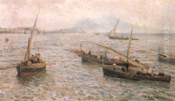 Boats Off The Neapolitan Coast Oil Painting by Attilio Pratella