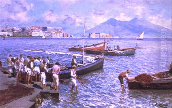 Marina Napoletana Con Barche E Pescatori Oil Painting by Attilio Pratella