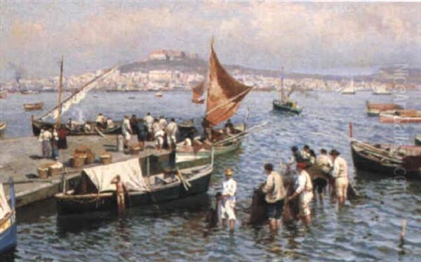 Fishermen With Their Nets In The Bay Of Naples Oil Painting by Attilio Pratella