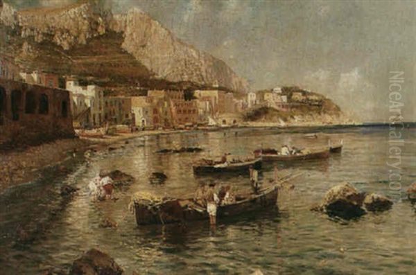 Fisherman In The Bay Of Naples Oil Painting by Attilio Pratella