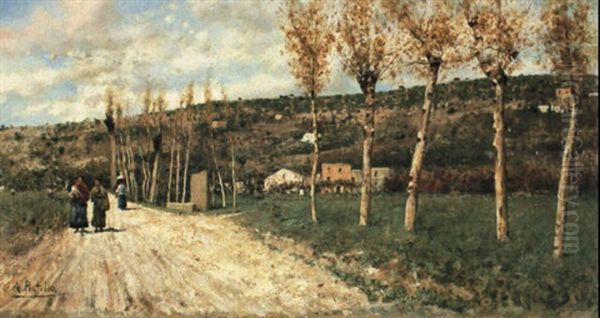 Campagna Meridionale Con Contadine Lungo Una Strada Oil Painting by Attilio Pratella