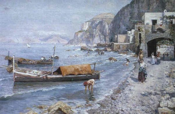 Fishermen In The Bay Of Naples Oil Painting by Attilio Pratella