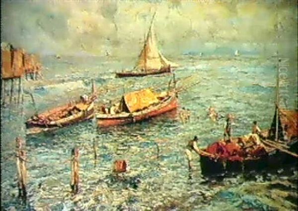 Preparing The Fishing Boats Oil Painting by Attilio Pratella