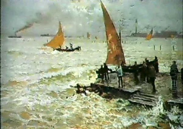 Boats Off The Venetian Lagoon Oil Painting by Attilio Pratella