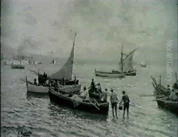 Fishermen Preparing For The Day Oil Painting by Attilio Pratella