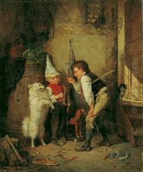 Zwei Kinder Mit Einem Spitz Spielend. Signiert Und Datiert Unten Rechts: Carl Boker 1868/df. Ol Auf Leinwand. H 69; B 57 Cm. Oil Painting by Karl Boker