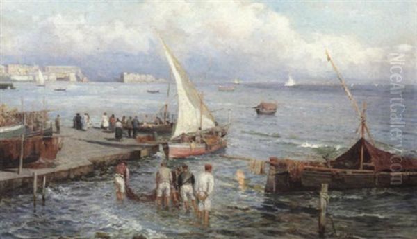 Awaiting The Day's Catch, Bay Of Naples Oil Painting by Attilio Pratella