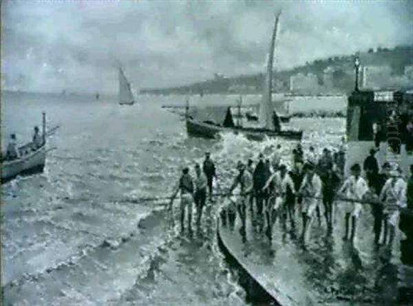 Pescatori Sulla Banchina Di Via Caracciolo, Napoli Oil Painting by Attilio Pratella