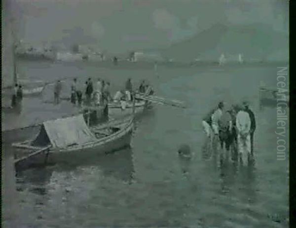 Neapolitan Fishing Scene Oil Painting by Attilio Pratella