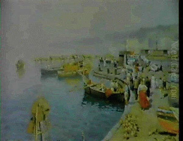 Preparing The Fishing Boats Oil Painting by Attilio Pratella