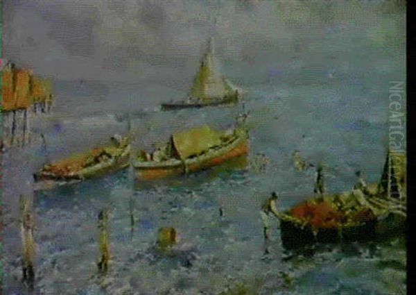 A Harbour In Naples Oil Painting by Attilio Pratella