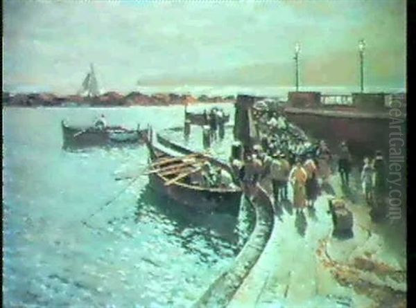 Fisherfolk On A Quay Oil Painting by Attilio Pratella