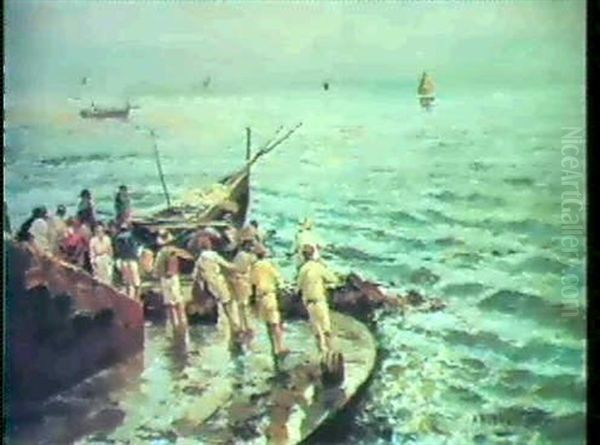 Hauling In The Nets Oil Painting by Attilio Pratella