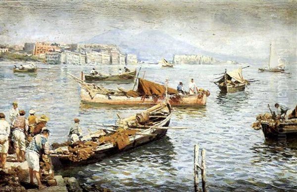 Bay Of Naples With Vesuvius Beyond Oil Painting by Attilio Pratella