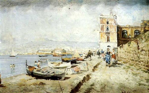 Fishing Boats On The Shore, Naples Oil Painting by Attilio Pratella