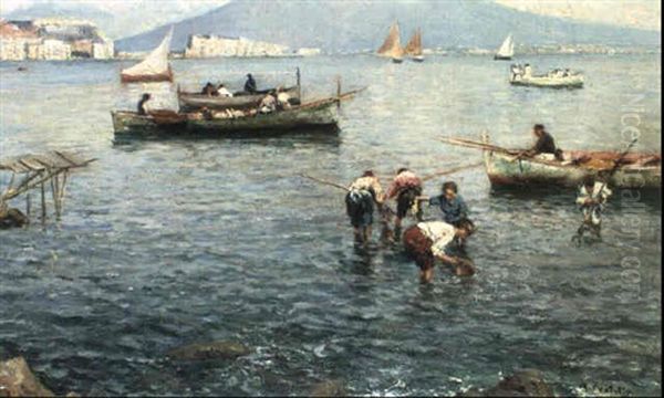 Pescatori Di Conchiglie A Mergellina Oil Painting by Attilio Pratella