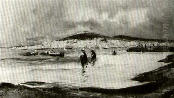 A Neapolitan Coastal Village; Bringing In The Nets Oil Painting by Attilio Pratella