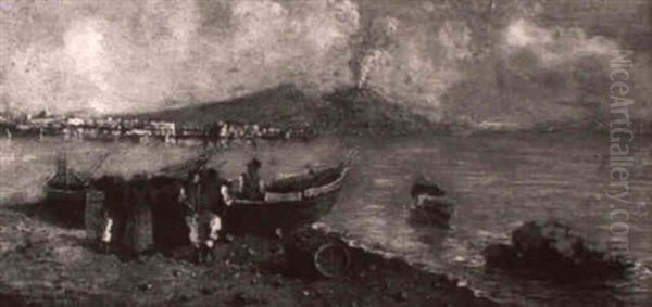 Naples Bay With Vesuvius Erupting In Distance Oil Painting by Attilio Pratella