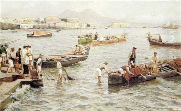 Fishing Vessels Off Castel Dell'ovo, Naples Oil Painting by Attilio Pratella