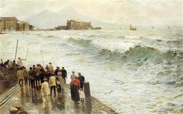 Stormy Weather, Castel Dell'ovo, Naples Oil Painting by Attilio Pratella