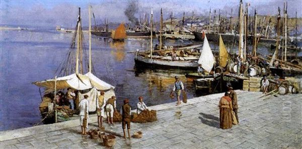 A Busy Harbour Oil Painting by Attilio Pratella